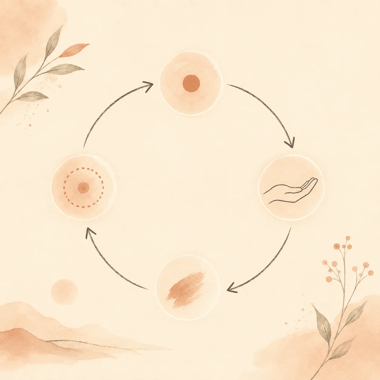 A soft circular diagram showing a single spot leading to picking, picking leaving a darker mark, and that mark becoming the next thing to pick at, illustrating how acne keeps supplying targets