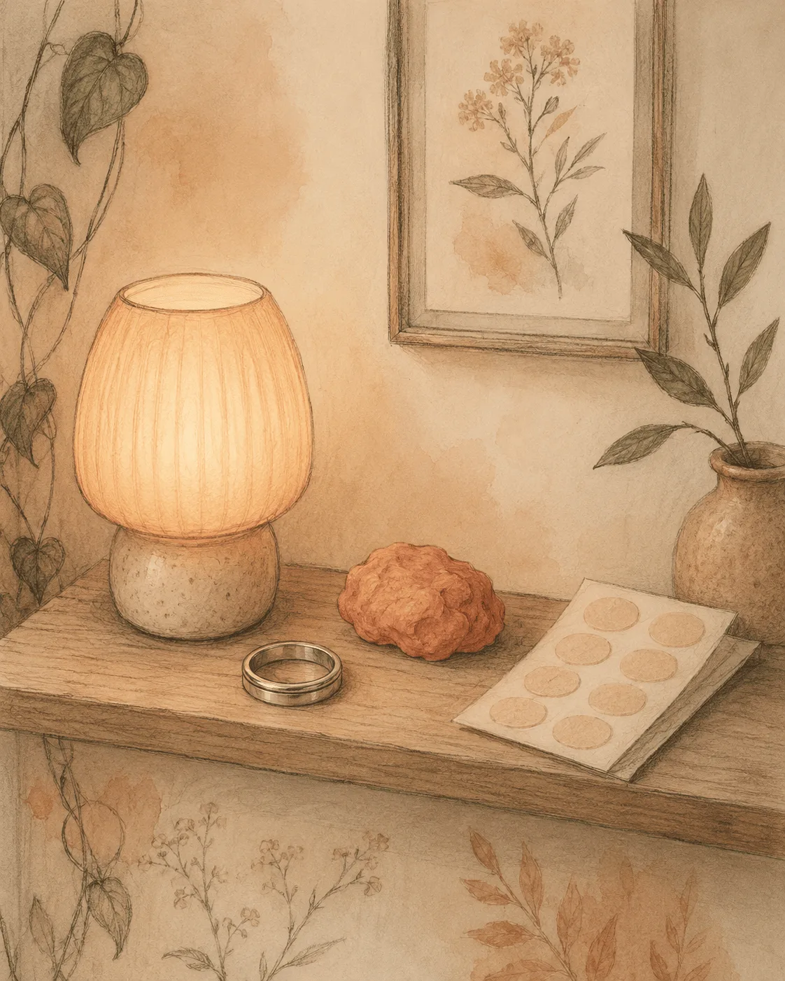 A softly drawn bathroom shelf holding a small lamp instead of a harsh overhead light, a spinner ring, textured putty and a sheet of hydrocolloid patches, representing the everyday changes that make picking harder to start