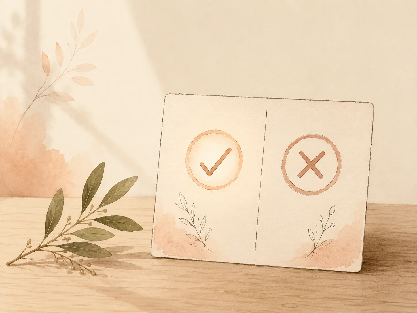 A two-column card, one side marked with a warm check and one with a soft crossed circle, representing the do and don't list handed to a partner