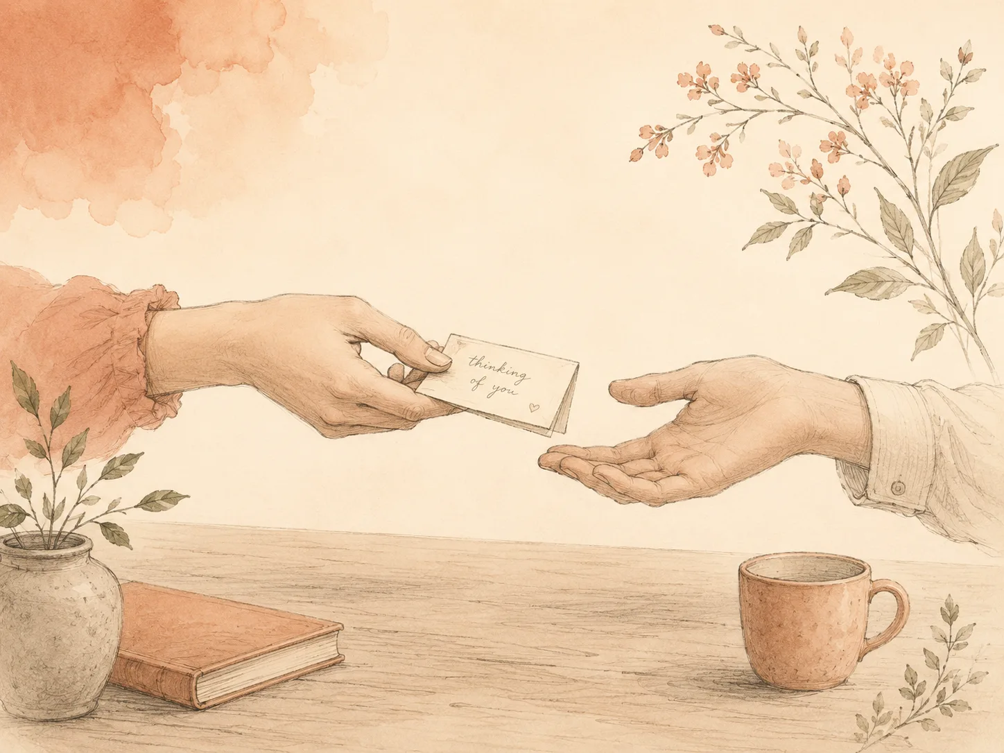 A folded handwritten note passing between two hands across a table, standing in for the moment of telling a partner about skin picking