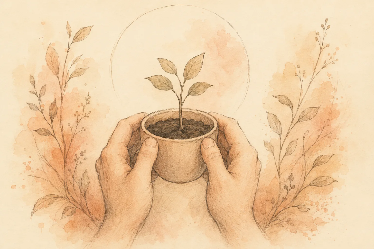 A pair of hands steadying a small seedling in cupped soil, illustrating that habit reversal training for skin picking still works for people with a trauma history but needs delivering with more care