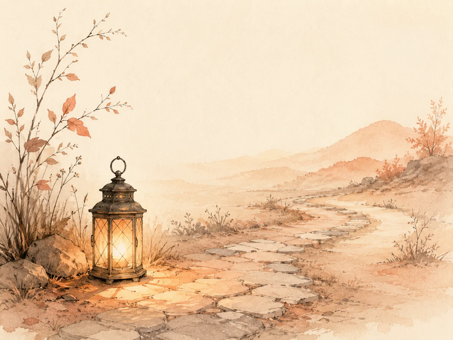 A lantern set down beside a path so it lights the ground underfoot rather than the horizon ahead, illustrating that trauma-informed care describes how treatment is delivered rather than making a claim about what caused someone's skin picking