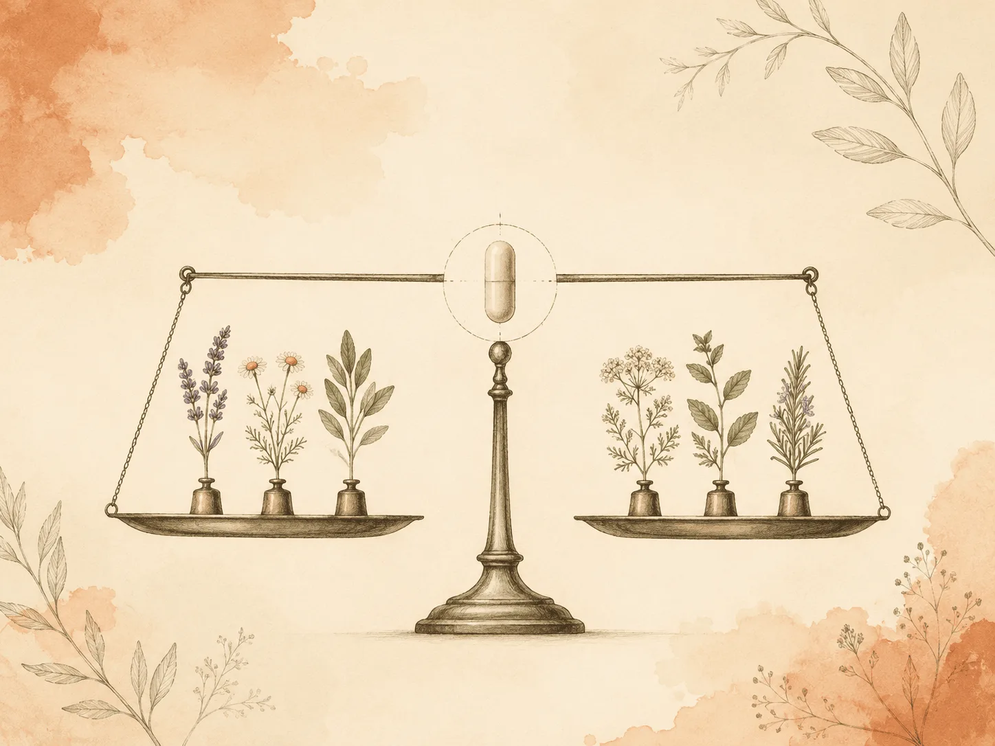 Illustration of a balance scale holding a single capsule at its center with small botanical sprigs weighted evenly on both sides, representing genuinely mixed evidence