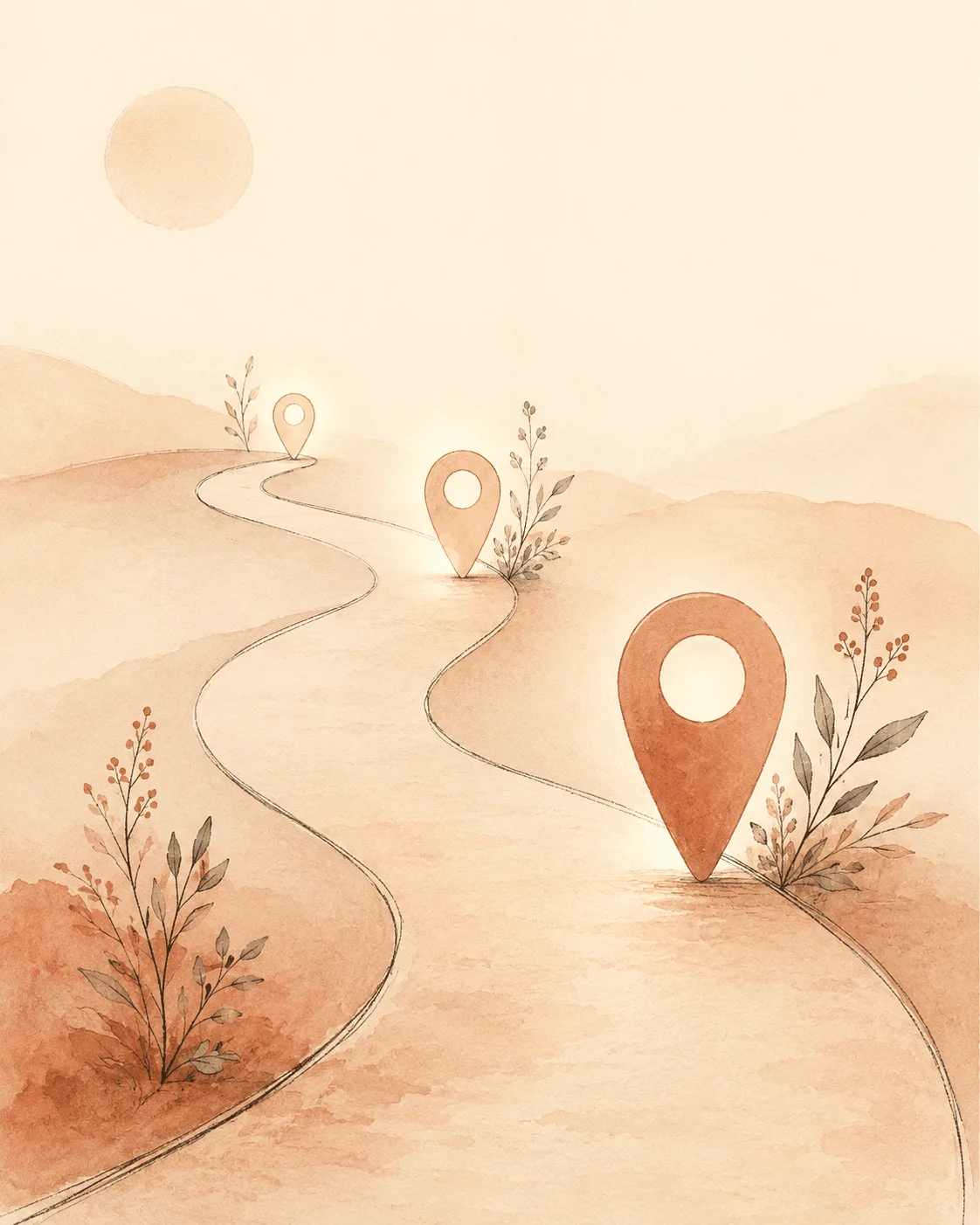 Three softly illustrated markers along a winding path representing preschool, school age, and adolescence, each weighted differently to show how the outlook for hair pulling changes with a child's age