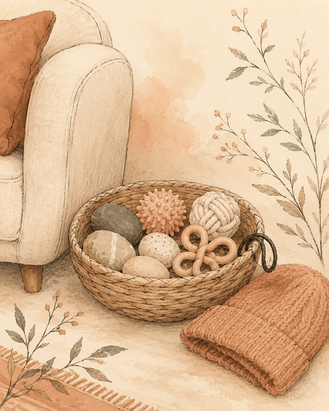 A small basket of fidget objects beside a sofa, a soft hat, and a hair tie on a wrist, representing the everyday supports that make hair pulling harder to start