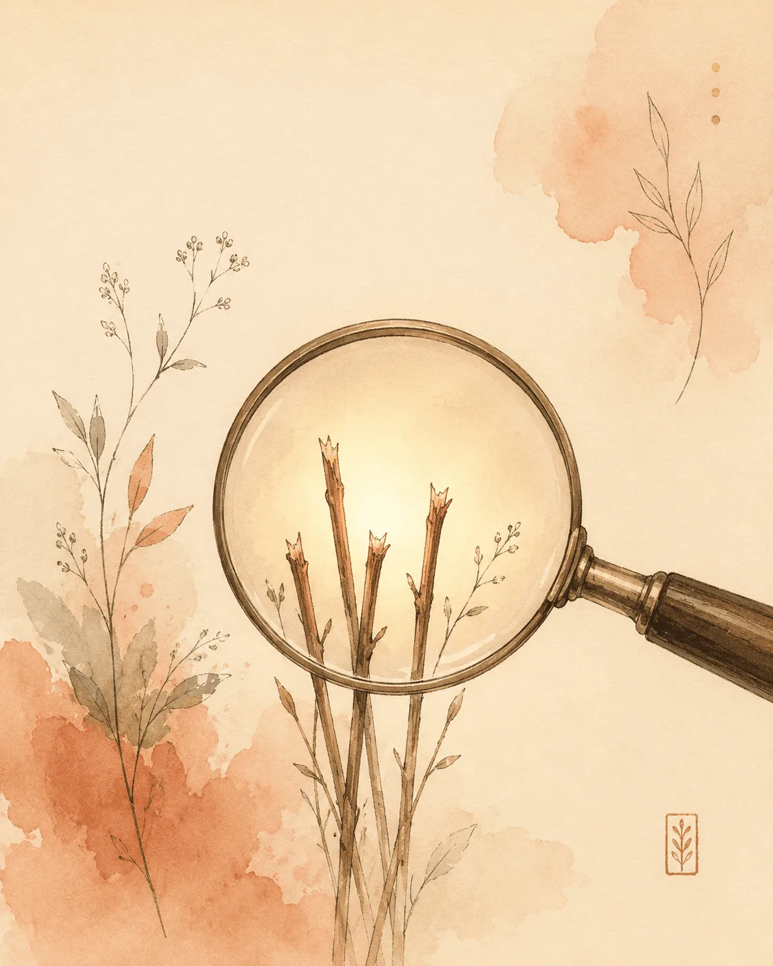 An illustration of a magnifying glass held over slender botanical stems that have been snapped at uneven heights, standing in for the broken hairs of differing lengths that distinguish pulling from other causes of hair loss.