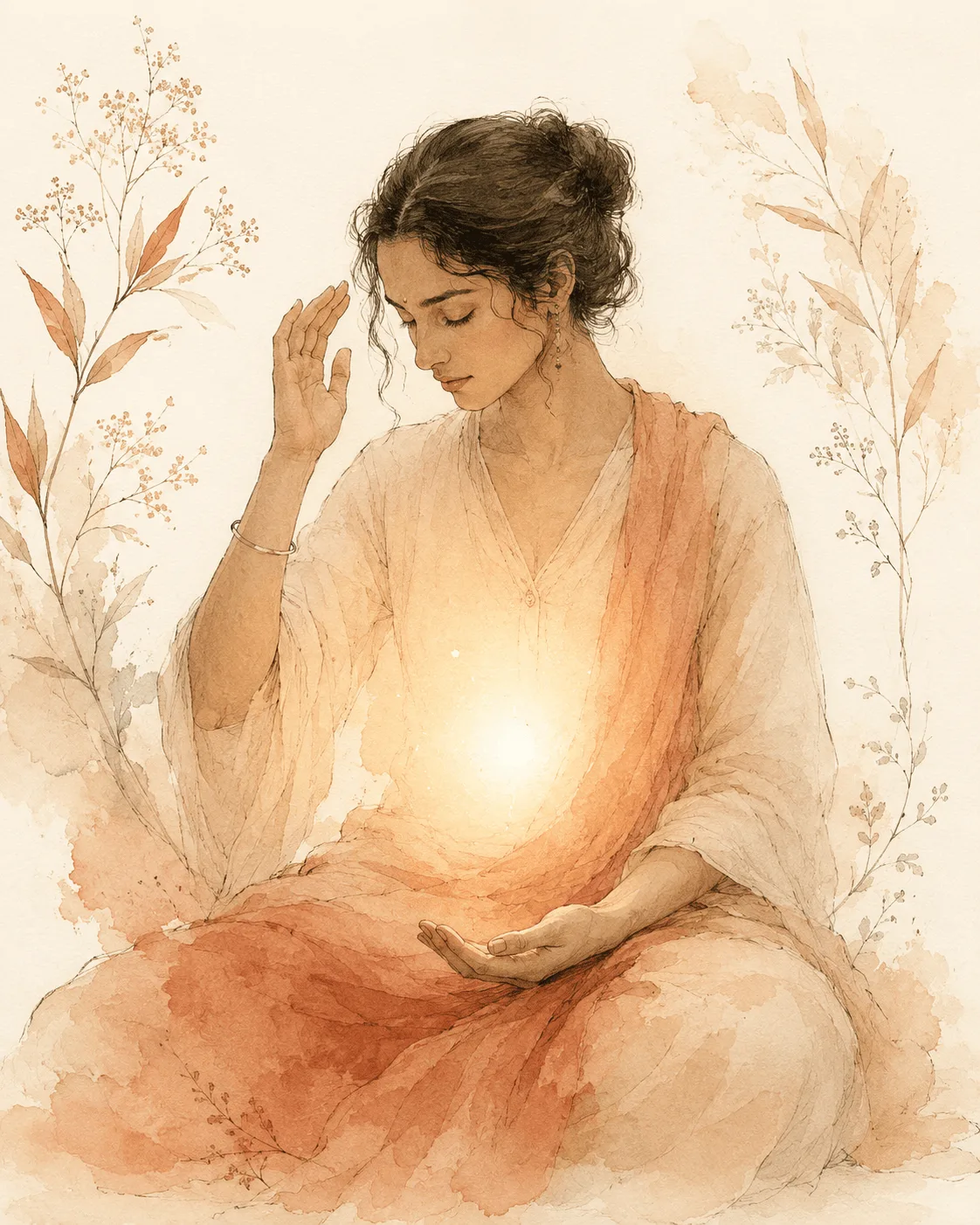 An illustration of one hand resting open in a lap while the other pauses near the temple, with a soft glow in the space between them, representing the gap between an urge and acting on it.