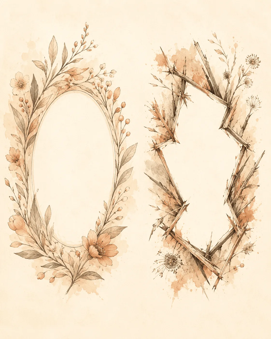 Two botanical forms compared: one with a smooth oval gap in its foliage, one with an irregular angular gap and stems broken at uneven heights, illustrating the difference between an alopecia areata patch border and a hair-pulling patch border