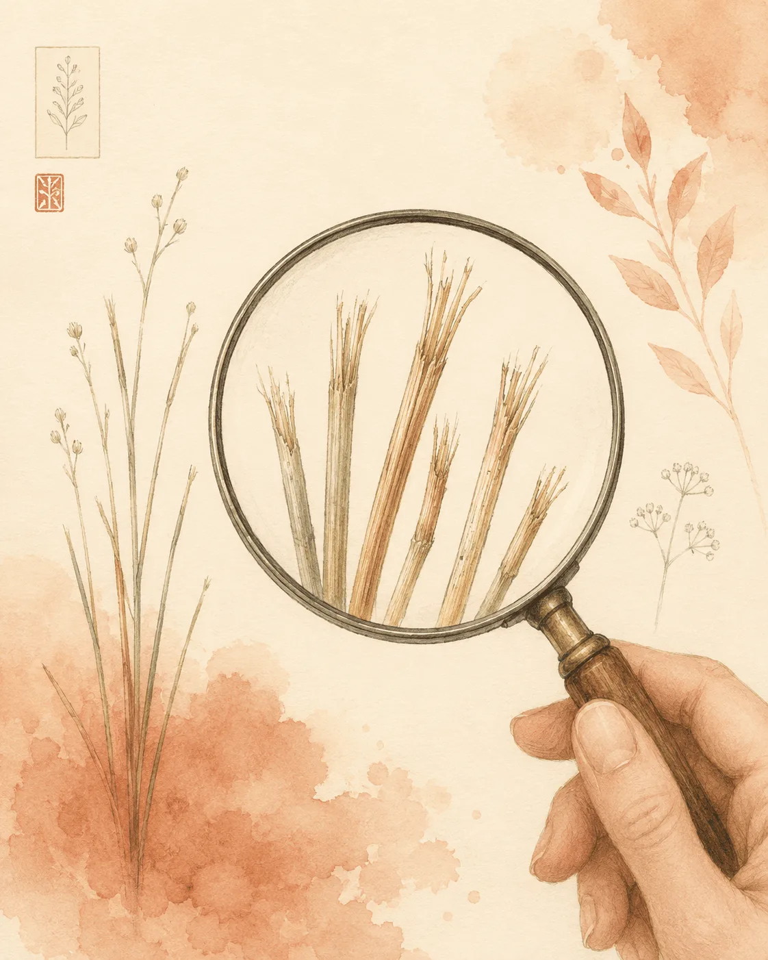 A hand lens held over a cluster of plant stems of visibly different lengths with split and frayed tips, illustrating how trichoscopy magnifies hair-shaft damage that is invisible to the naked eye