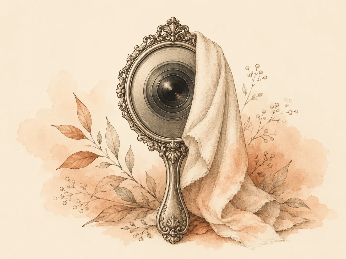 A front-facing phone camera lens drawn as an ornate hand mirror, half covered by a soft draped cloth, illustrating the selfie camera working as a magnifying mirror that travels with you.