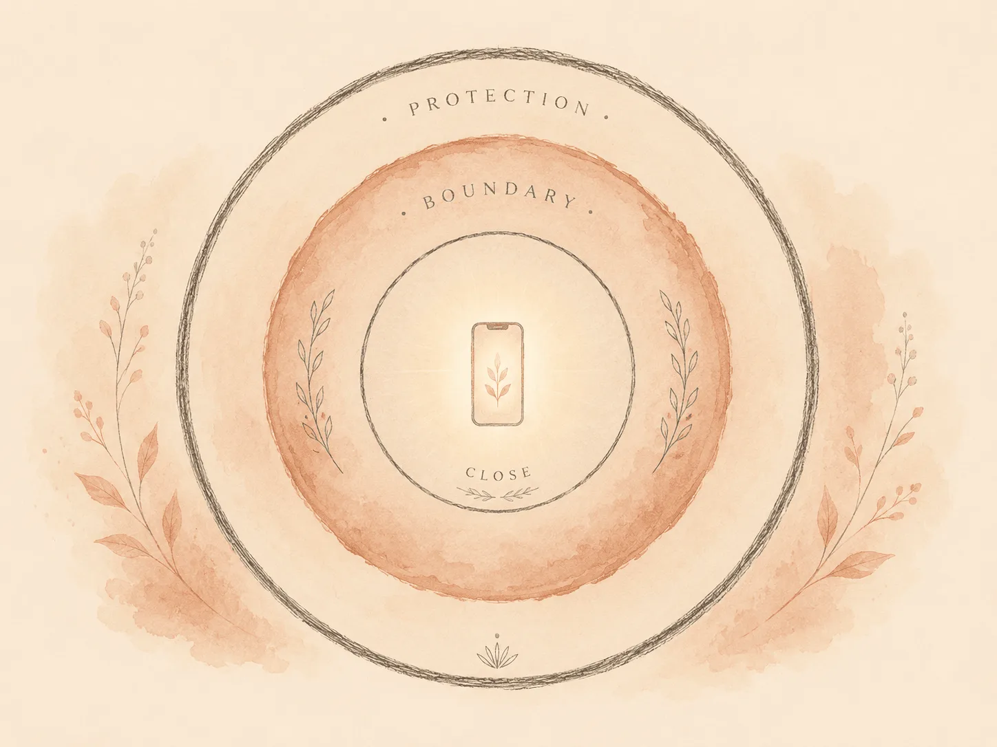 Three nested protective rings drawn around a small glowing phone, the outer ring labeled for feed settings, the middle for app friction and the inner for the camera, showing trigger blocking as layers of distance rather than one switch.