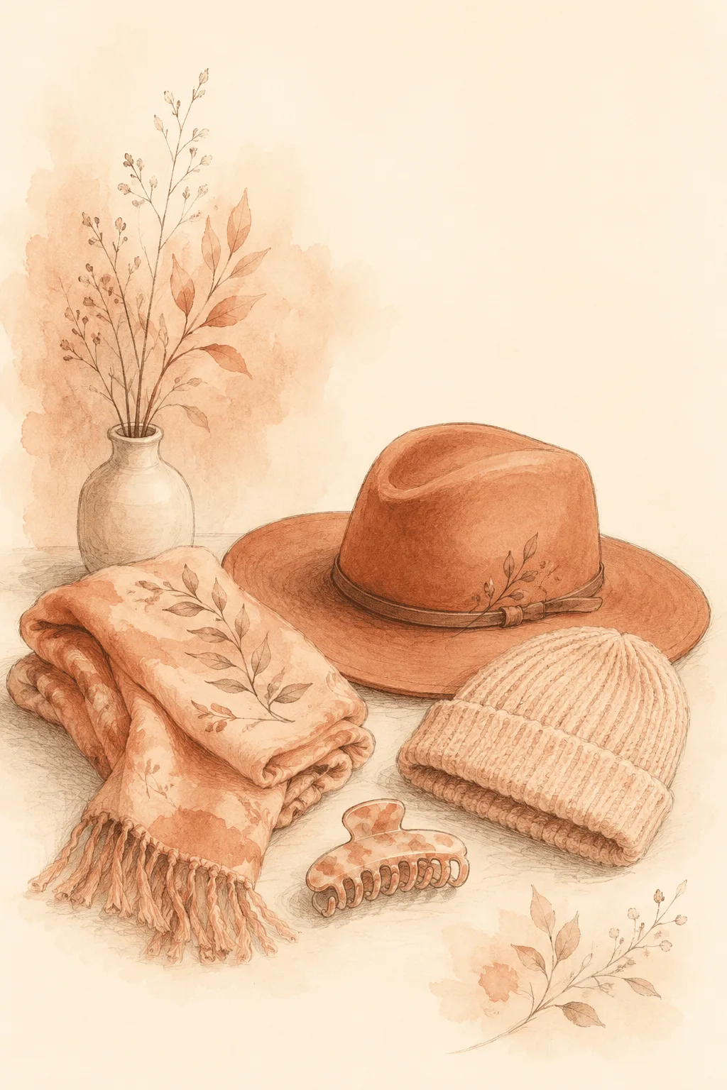 Softly illustrated scarves, hats, and hair partings representing the daily effort of concealing hair loss