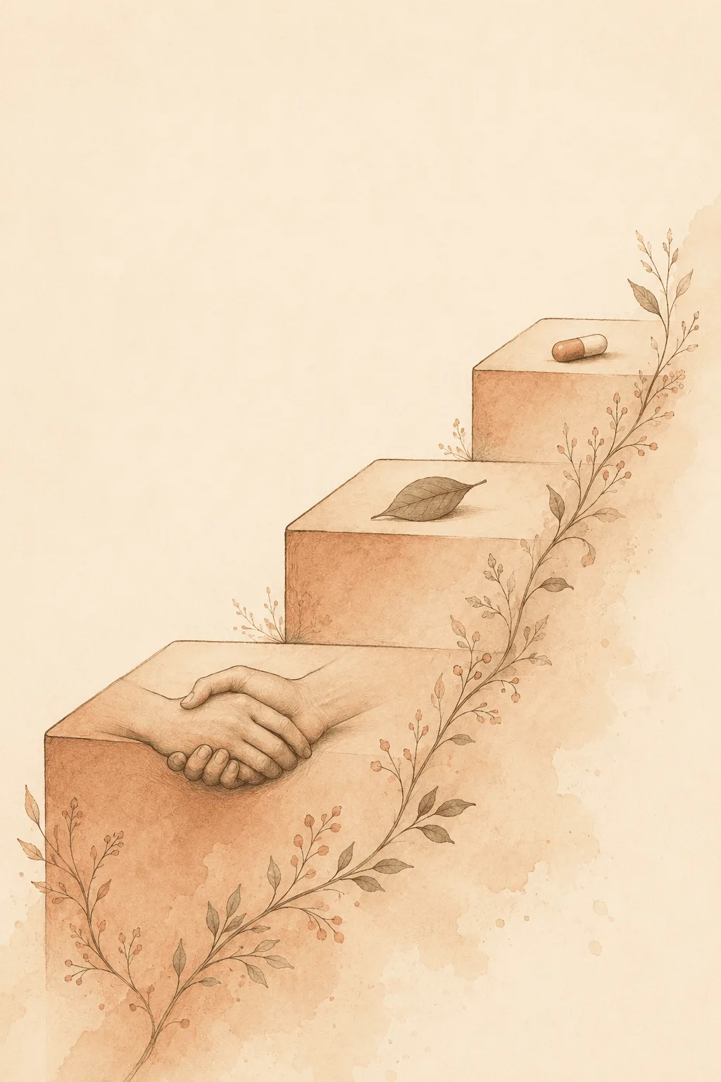 A stepped path showing behavior therapy as the first treatment step, with medication positioned as a later add-on