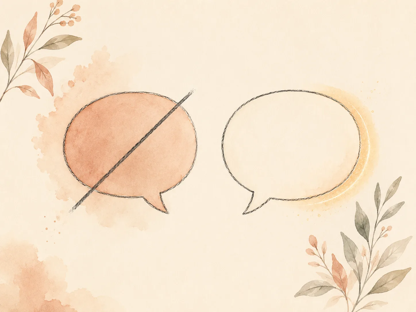 Two speech bubbles side by side, one crossed through and one open and warm, illustrating swapping a hurtful phrase for a supportive one