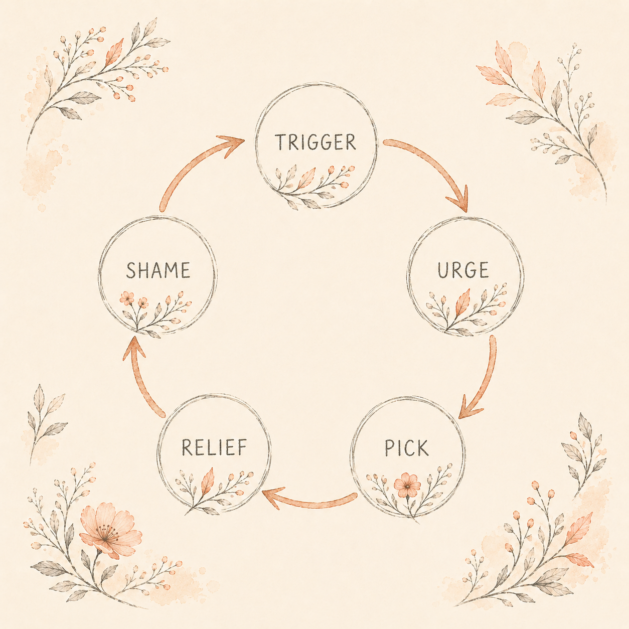 A circular diagram in watercolor terracotta showing TRIGGER → URGE → PICK → RELIEF → SHAME → TRIGGER.