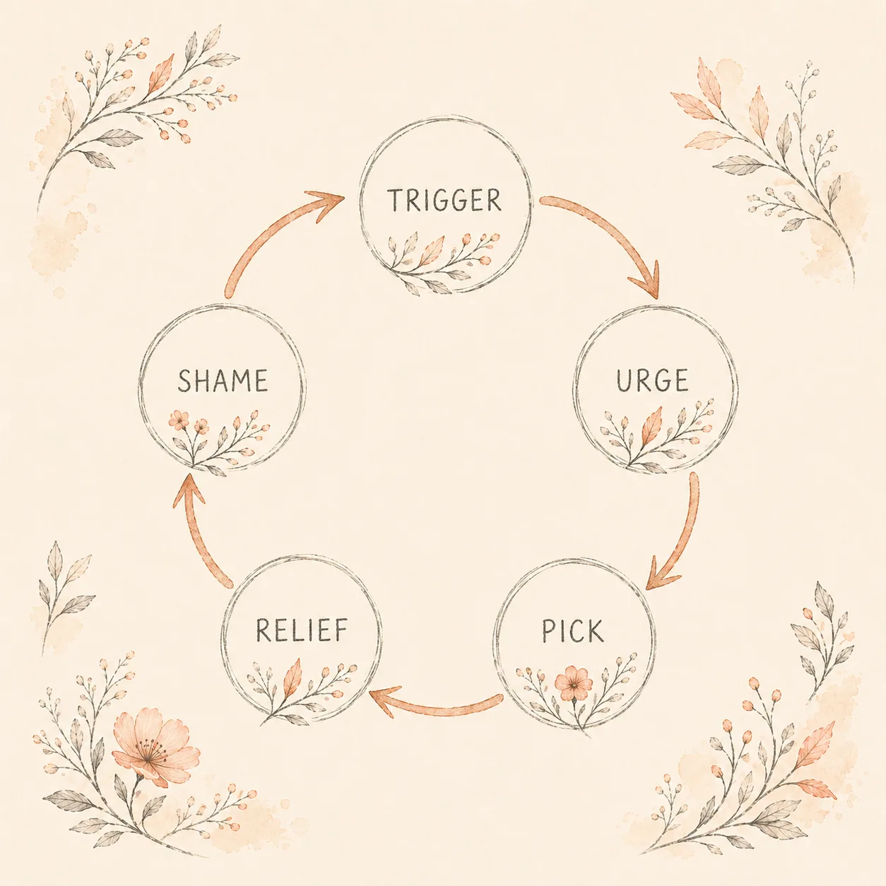 A circular watercolor diagram in terracotta showing the loop: TRIGGER, URGE, PICK, RELIEF, SHAME, back to TRIGGER. Soft botanical accents on a warm cream background.