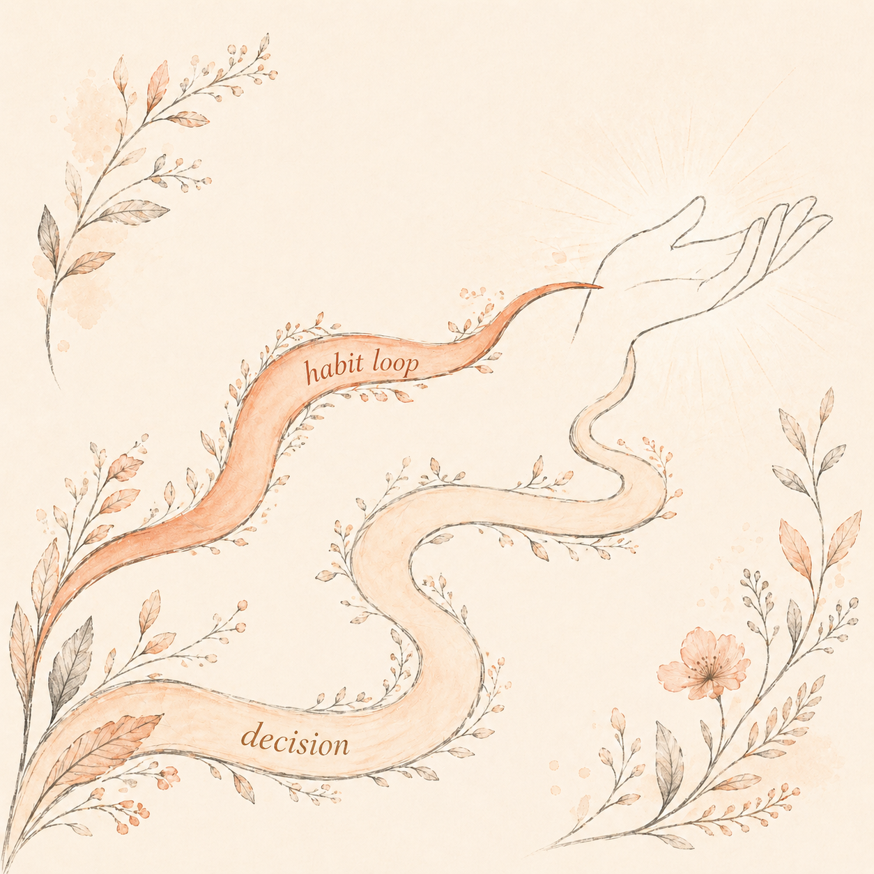 Two ribbon paths racing toward a hand silhouette. The shorter path labeled 'habit loop' arrives first; the longer 'decision' path arrives late.