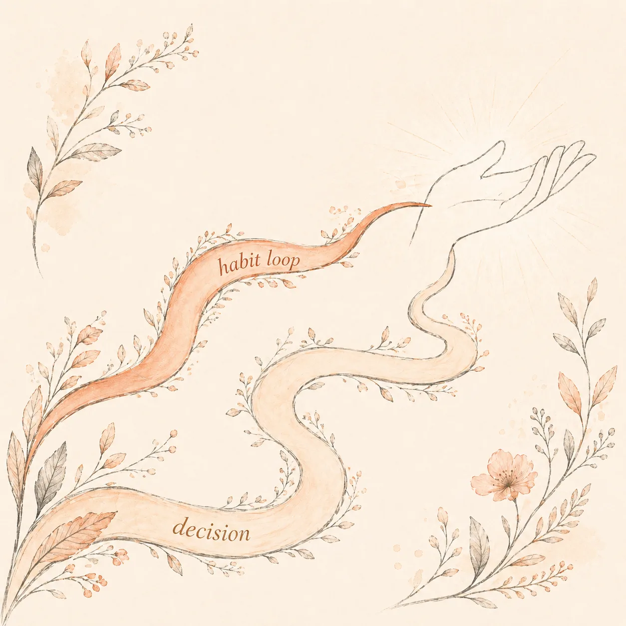 Two intertwined watercolor ribbon paths racing toward a hand silhouette. The shorter path labeled 'habit loop' reaches first; the longer path labeled 'decision' arrives late.